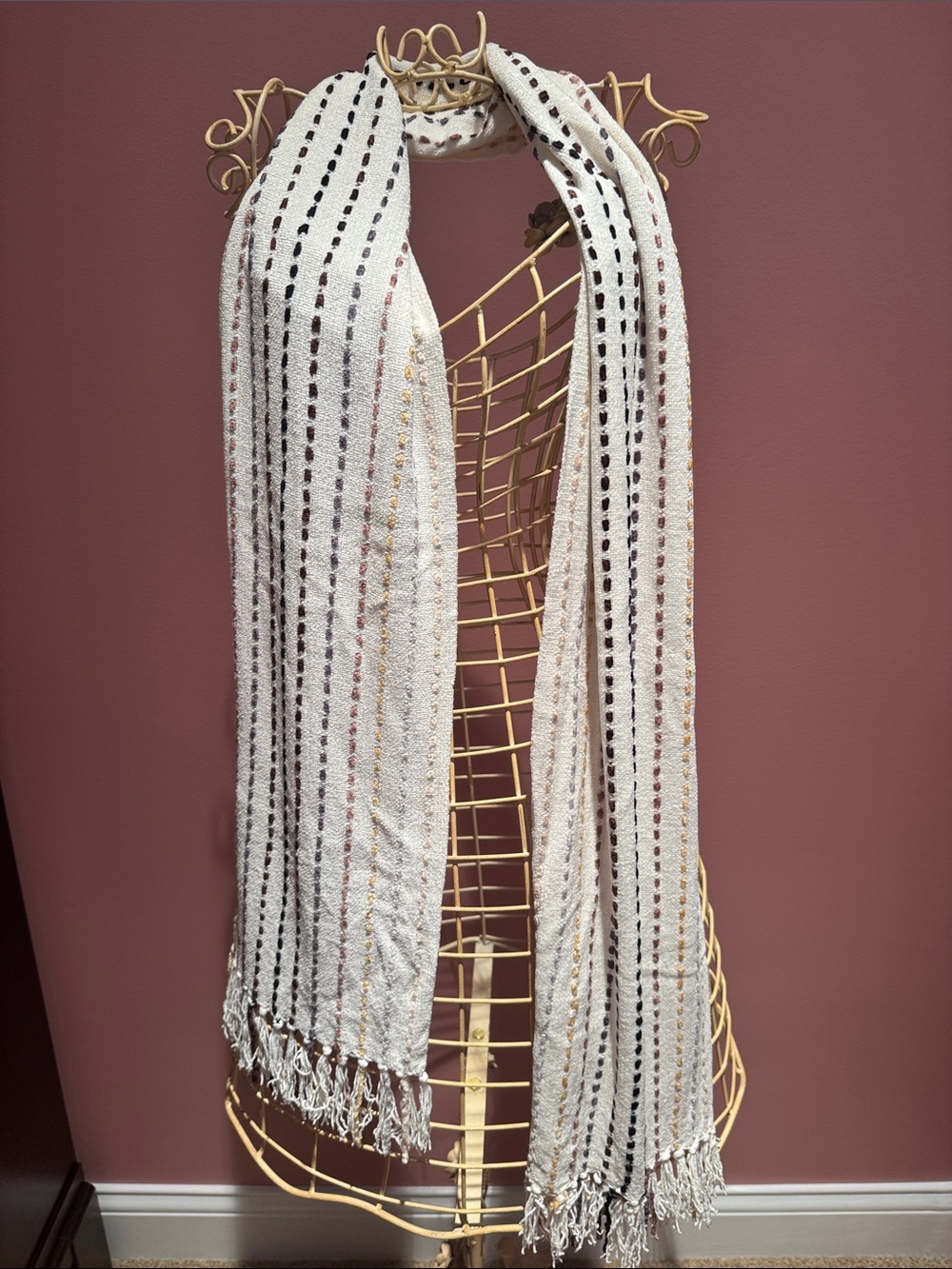 Croft & Barrow Ivory Scarf with Black, Brown Tan Dotted Striping